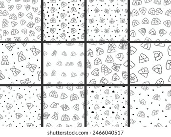 Cute kawaii onigiri. Seamless pattern. Coloring Page. Funny sushi cartoon character. Asian rice and nori food. Hand drawn style. Vector drawing. Collection of design ornaments.