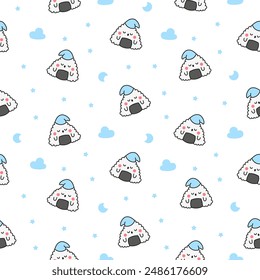 Cute kawaii onigiri. Seamless pattern. Funny sushi cartoon character. Asian rice and nori food. Hand drawn style. Vector drawing. Design ornaments.