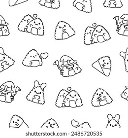 Cute kawaii onigiri. Seamless pattern. Coloring Page. Funny sushi cartoon character. Asian rice and nori food. Hand drawn style. Vector drawing. Design ornaments.