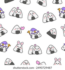 Cute kawaii onigiri. Seamless pattern. Funny sushi cartoon character. Asian rice and nori food. Hand drawn style. Vector drawing. Design ornaments.