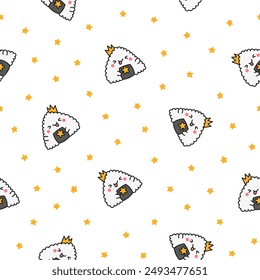 Cute kawaii onigiri. Seamless pattern. Funny sushi cartoon character. Asian rice and nori food. Hand drawn style. Vector drawing. Design ornaments.