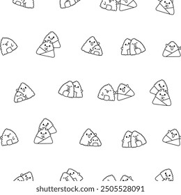 Cute kawaii onigiri. Seamless pattern. Coloring Page. Funny sushi cartoon character. Asian rice and nori food. Hand drawn style. Vector drawing. Design ornaments.