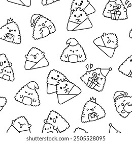 Cute kawaii onigiri. Seamless pattern. Coloring Page. Funny sushi cartoon character. Asian rice and nori food. Hand drawn style. Vector drawing. Design ornaments.
