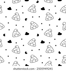 Cute kawaii onigiri. Seamless pattern. Coloring Page. Funny sushi cartoon character. Asian rice and nori food. Hand drawn style. Vector drawing. Design ornaments.