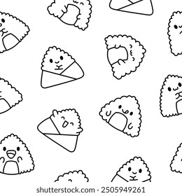 Cute kawaii onigiri. Seamless pattern. Coloring Page. Funny sushi cartoon character. Asian rice and nori food. Hand drawn style. Vector drawing. Design ornaments.