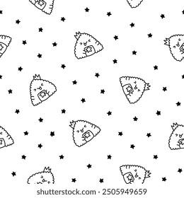 Cute kawaii onigiri. Seamless pattern. Coloring Page. Funny sushi cartoon character. Asian rice and nori food. Hand drawn style. Vector drawing. Design ornaments.