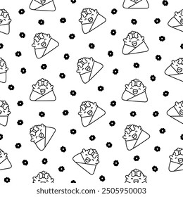 Cute kawaii onigiri. Seamless pattern. Coloring Page. Funny sushi cartoon character. Asian rice and nori food. Hand drawn style. Vector drawing. Design ornaments.