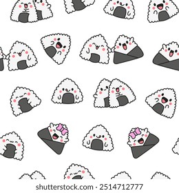 Cute kawaii onigiri. Seamless pattern. Funny sushi cartoon character. Asian rice and nori food. Hand drawn style. Vector drawing. Design ornaments.