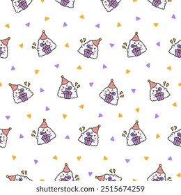 Cute kawaii onigiri. Seamless pattern. Funny sushi cartoon character. Asian rice and nori food. Hand drawn style. Vector drawing. Design ornaments.