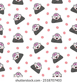 Cute kawaii onigiri. Seamless pattern. Funny sushi cartoon character. Asian rice and nori food. Hand drawn style. Vector drawing. Design ornaments.
