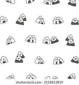 Cute kawaii onigiri. Seamless pattern. Funny sushi cartoon character. Asian rice and nori food. Hand drawn style. Vector drawing. Design ornaments.