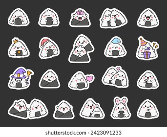 Cute kawaii onigiri. Marcador adhesivo. Divertido personaje de caricatura de sushi. Arroz asiático y comida nori. Estilo dibujado a mano. Dibujo de vectores. Colección de elementos de diseño.