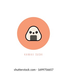 Cute Kawaii Onigiri Sushi. Outline Icon. Japanese traditional meal. Cartoon manga style. Funny anime character with happy face. Flat design. Trendy Vector illustration. Logo template