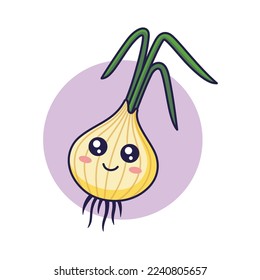 Cute Kawaii onion cartoon icon illustration. Food vegitable flat icon concept isolated on white background. Onion character, mascot in Doodle style.