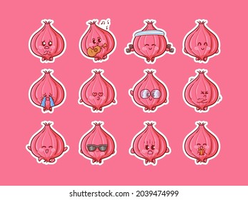 Cute and Kawaii Onion Character Sticker Illustration Set With Various Activity and Happy Expression for mascot badge