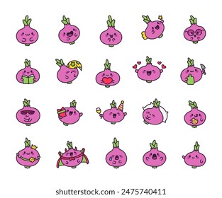 Cute kawaii onion. Funny cartoon character. Hand drawn style. Vector drawing. Collection of design elements.