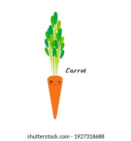 cute Kawaii orange carrot with green leaves with eyes and pink cheeks, isolated on white background trend of the season. Can be used for cards for children learning words, food packaging. Vector