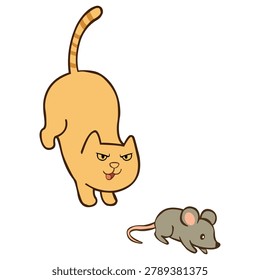 Cute Kawaii Orange Cat Chasing a Small Grey Mouse, Funny Kitten and Mouse Vector Illustration