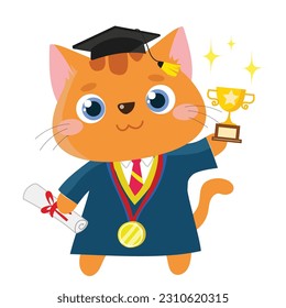 Cute and kawaii orange cat on a graduation blue dress holding a trophy and diploma certificate on white background for kids’ fashion artworks, children books, invitations, graduation cards, posters. 