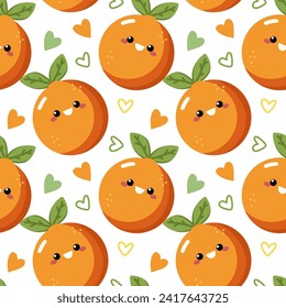 Cute kawaii orange fruit seamless pattern background