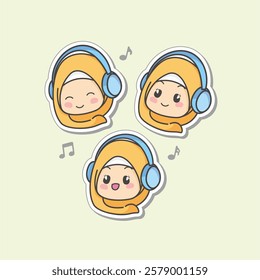 Cute and kawaii Orange Hijab Girl Listening music on Headset earphone Pose, Chibi Illustration