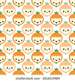 Las naranjas de kawaii sin costuras se mueven en el fondo del patrón vectorial. Riendo dibujos animados de cítricos tropicales sobre fondo blanco. Diseño de caras extravagantes divertidas. Geométrico por todas partes para los niños concepto de comida saludable.