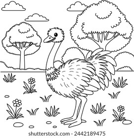 Cute kawaii ostrich in the farm cartoon character coloring page vector illustration