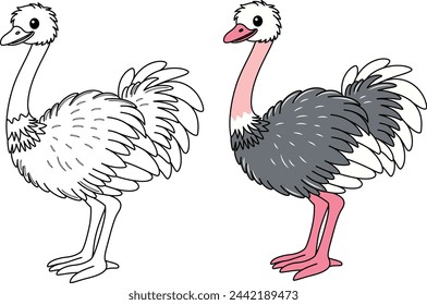 Cute kawaii ostrich in the farm isolated on white background cartoon character coloring page vector illustration