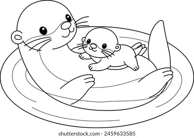 Cute kawaii otter and baby cartoon character coloring page vector illustration. Wild animal, mothers day colouring page for kids