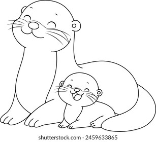 Cute kawaii otter and baby cartoon character coloring page vector illustration. Wild animal, mothers day colouring page for kids