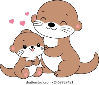 Cute kawaii otter and baby cartoon character vector illustration. Wild animal, mothers day clip art