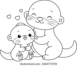 Cute kawaii otter and baby cartoon character coloring page outline vector illustration. Wild animal, mothers day colouring page for kids