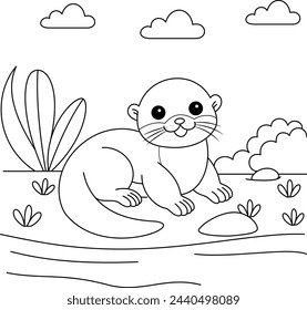 Cute Kawaii Otter Cartoon Character Coloring Page Vector Illustration