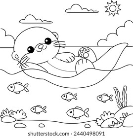 Cute Kawaii Otter Cartoon Character Coloring Page Vector Illustration