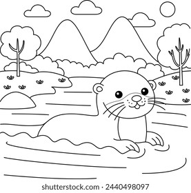 Cute Kawaii Otter Cartoon Character Coloring Page Vector Illustration