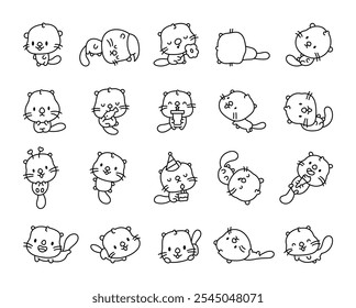 Cute kawaii otter cartoon characters in various adorable poses for childrens designs and playful animal themed illustrations with joyful expressions