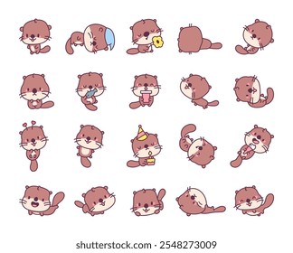 Personagens de desenhos animados bonitos kawaii otter em várias poses adoráveis para desenhos infantis e ilustrações temáticas de animais divertidos com expressões alegres