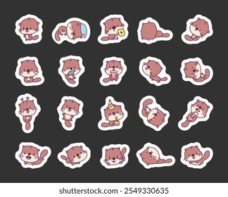 Cute kawaii otter cartoon characters in various adorable poses for childrens designs and playful animal themed illustrations with joyful expressions