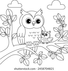 Cute kawaii owl and baby cartoon character coloring page vector illustration. Wild animal, mothers day colouring page for kids