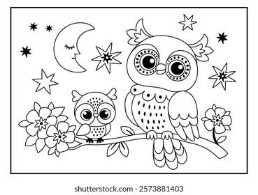 Cute kawaii owl and baby nestling cartoon character coloring page. Vector illustration. Mothers day colouring page for kids.