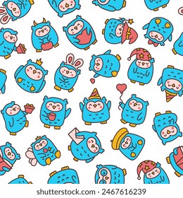 Cute kawaii owl. Seamless pattern. Cartoon funny wild animals character. Hand drawn style. Vector drawing. Design ornaments.