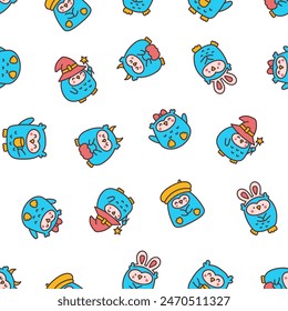 Cute kawaii owl. Seamless pattern. Cartoon funny wild animals character. Hand drawn style. Vector drawing. Design ornaments.