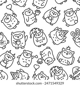 Cute kawaii owl. Seamless pattern. Coloring Page. Cartoon funny wild animals character. Hand drawn style. Vector drawing. Design ornaments.