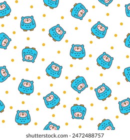 Cute kawaii owl. Seamless pattern. Cartoon funny wild animals character. Hand drawn style. Vector drawing. Design ornaments.