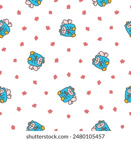 Cute kawaii owl. Seamless pattern. Cartoon funny wild animals character. Hand drawn style. Vector drawing. Design ornaments.