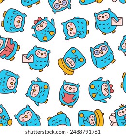 Cute kawaii owl. Seamless pattern. Cartoon funny wild animals character. Hand drawn style. Vector drawing. Design ornaments.