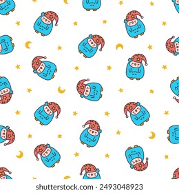 Cute kawaii owl. Seamless pattern. Cartoon funny wild animals character. Hand drawn style. Vector drawing. Design ornaments.