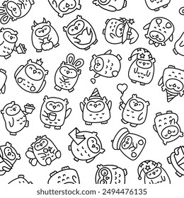 Cute kawaii owl. Seamless pattern. Coloring Page. Cartoon funny wild animals character. Hand drawn style. Vector drawing. Design ornaments.