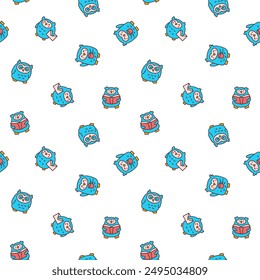 Cute kawaii owl. Seamless pattern. Cartoon funny wild animals character. Hand drawn style. Vector drawing. Design ornaments.