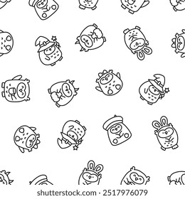 Cute kawaii owl. Seamless pattern. Coloring Page. Cartoon funny wild animals character. Hand drawn style. Vector drawing. Design ornaments.